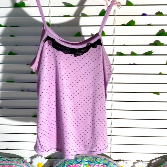 KAFA Confections lavender cami with black ruffle neck and black pin dots - Picture 2 of 6